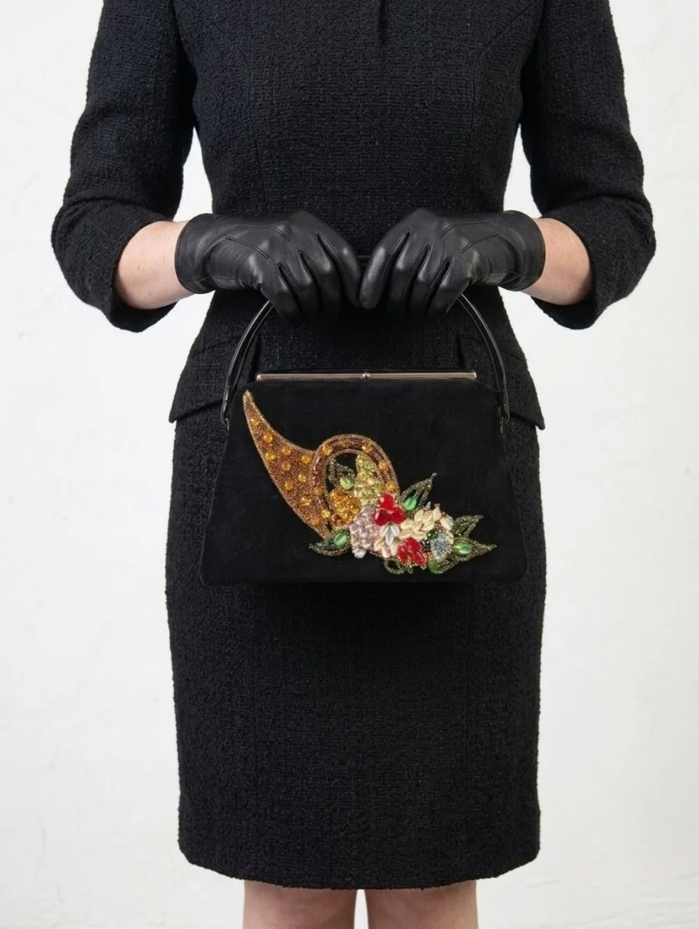 Caron of Houston Vintage Black Bejeweled Cornucopia Clutch